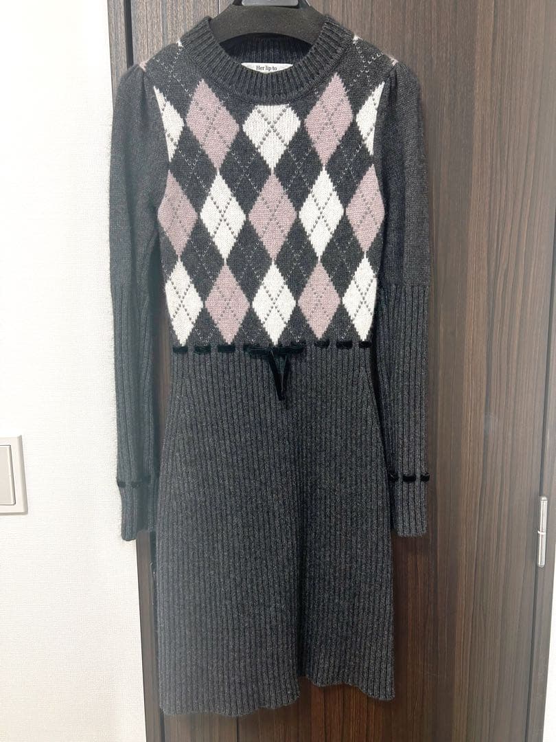 ワンピース Herlipto Moor Argyle Ribbon Knit Dress M