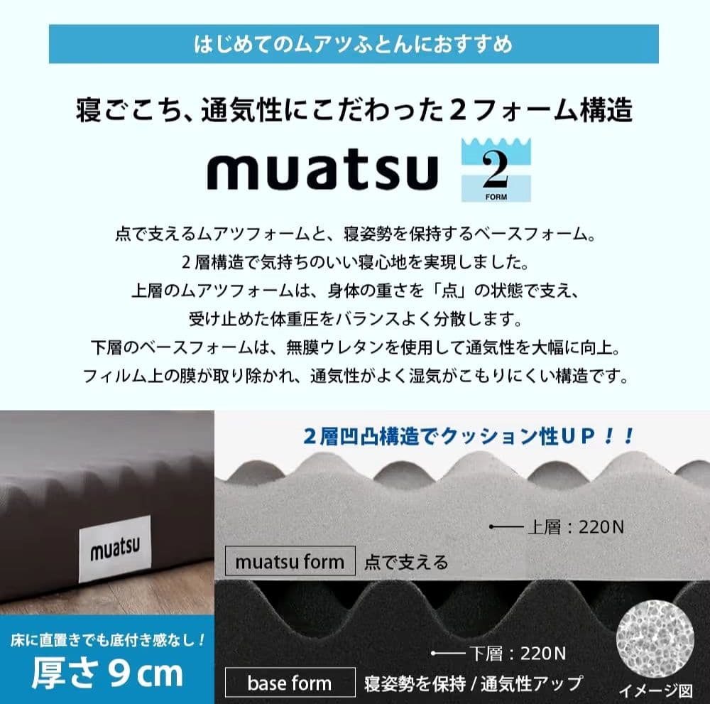 ムアツ マットレス シングル 三つ折り 体圧分散 レギュラー
