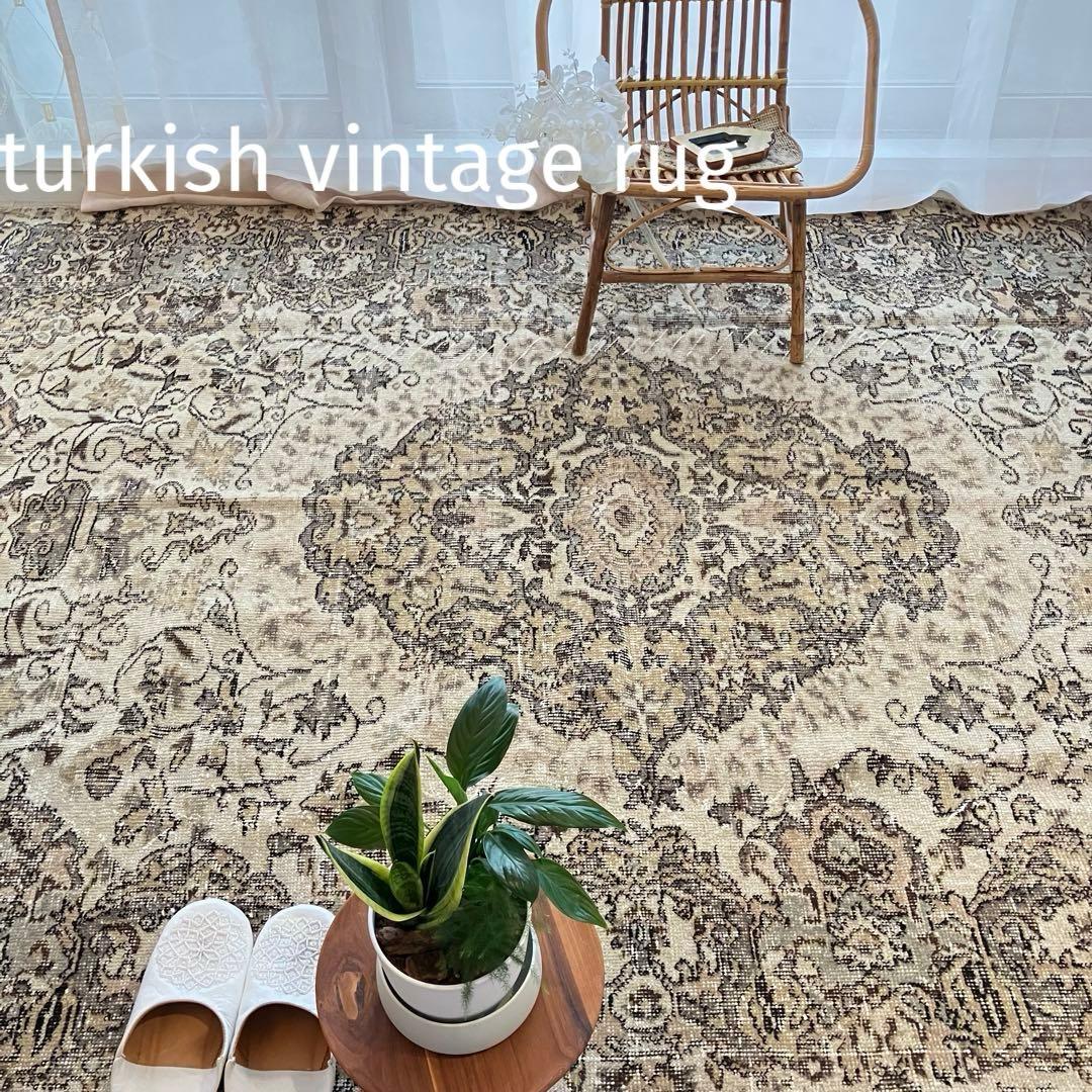 超大判168.5×276アンティークベージュ　メダリオン　トルコヴィンテージラグ