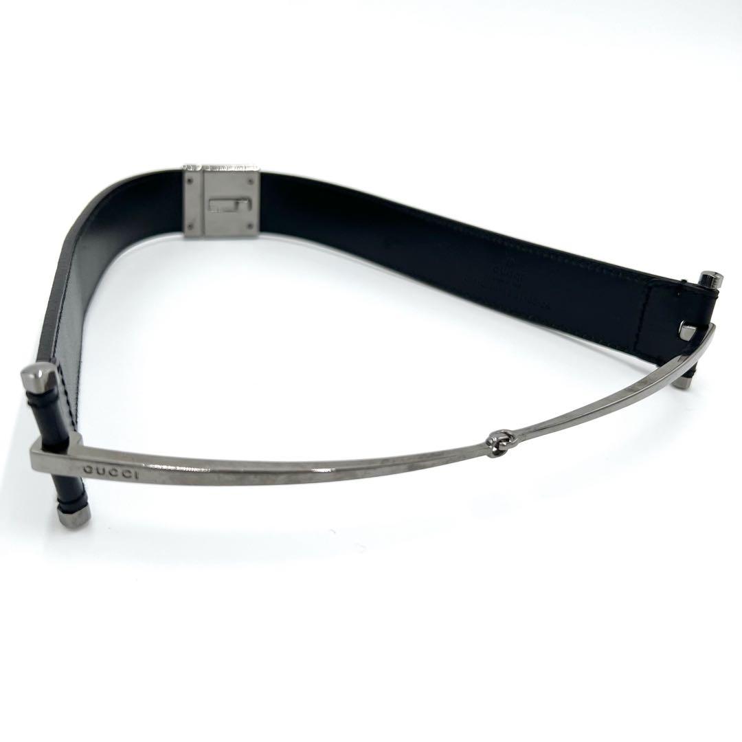 【美品】GUCCI　ベルト　ホースビット　シルバー金具　レザー　ロゴ　ブラック
