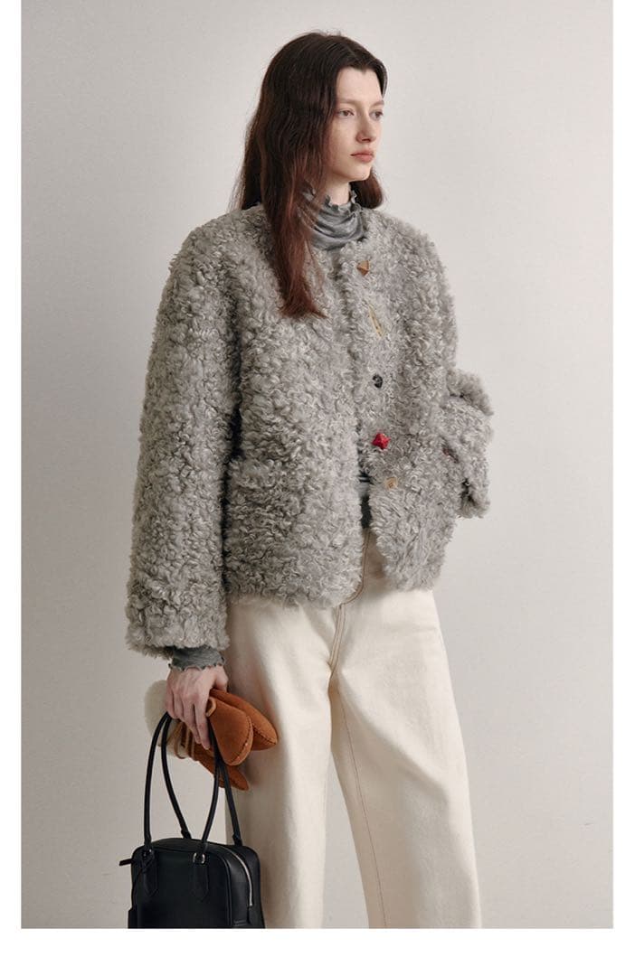 即購可Fano studios カラフルボタン ノーカラー ボアショートコート