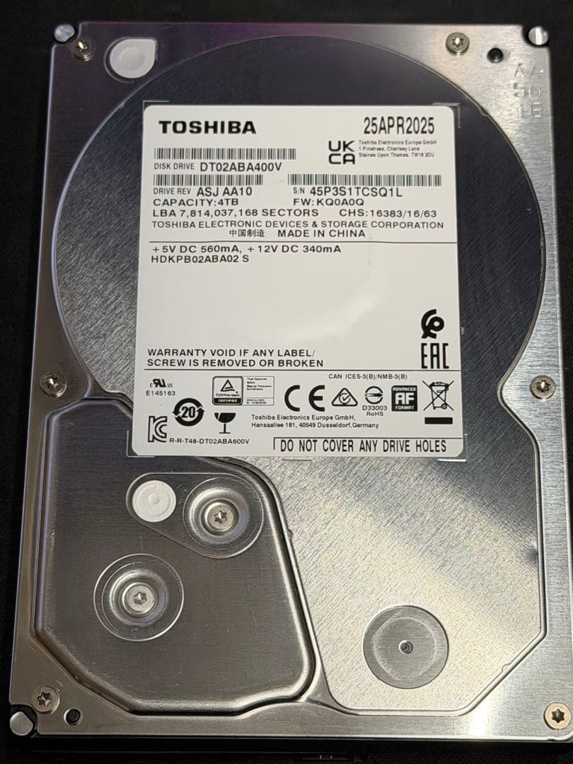 ほぼ新品TOSHIBA 4T 3.5 DT02ABA400V HDD SATA