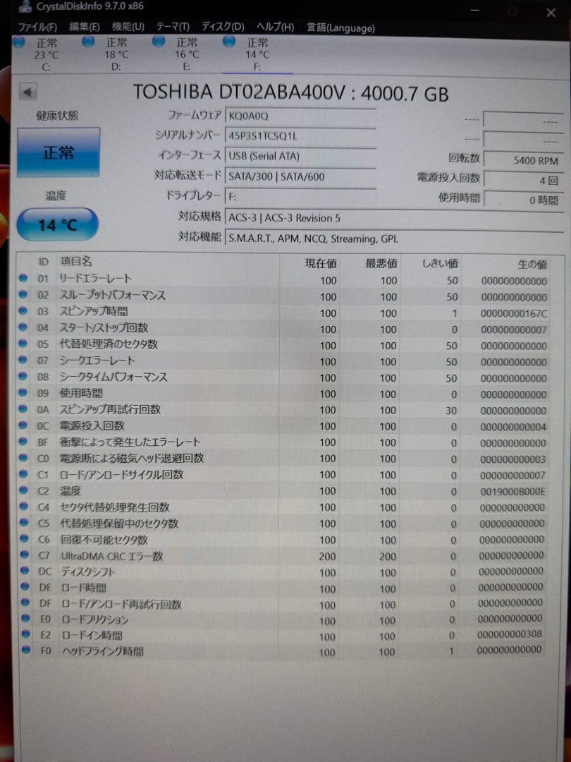 ほぼ新品TOSHIBA 4T 3.5 DT02ABA400V HDD SATA