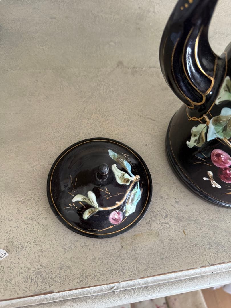 激レアフランスアンティークホーロー黒小鳥とベリー柄バンドペイントのコーヒーポット