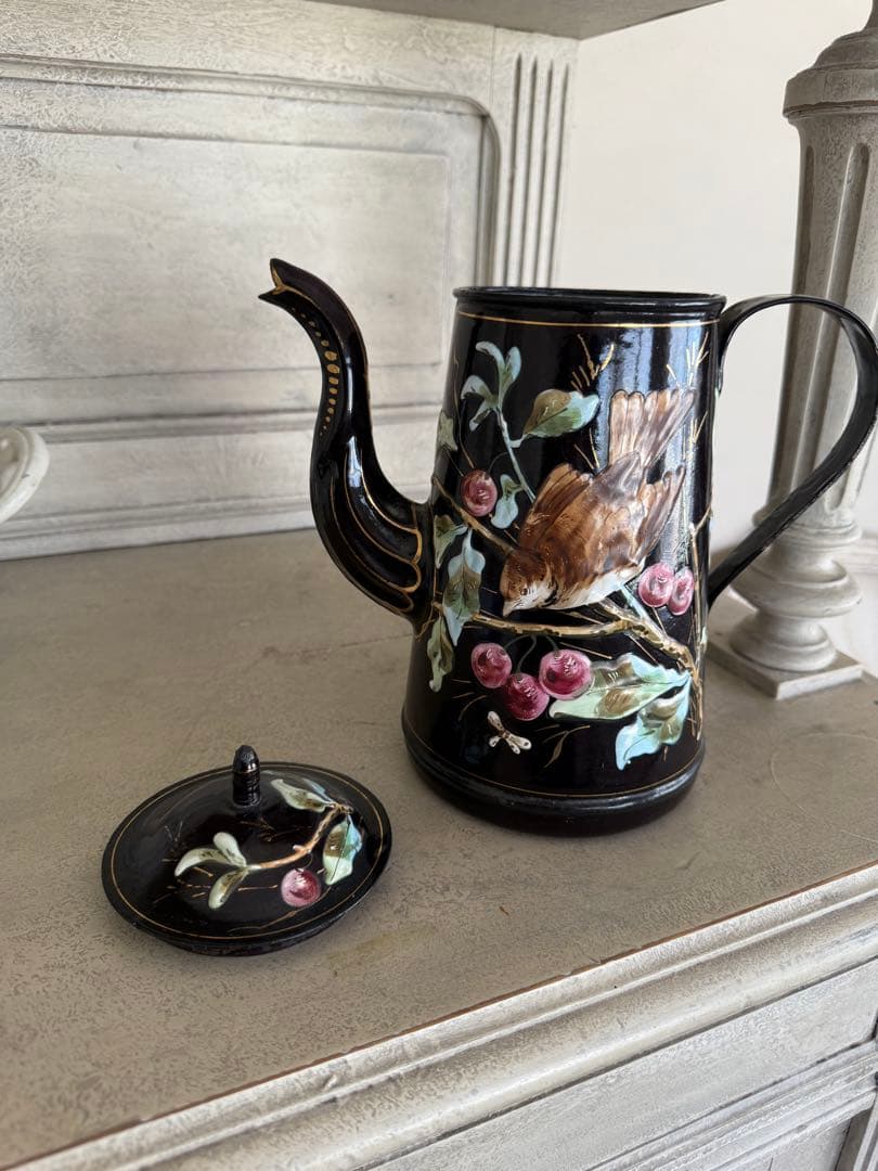 激レアフランスアンティークホーロー黒小鳥とベリー柄バンドペイントのコーヒーポット