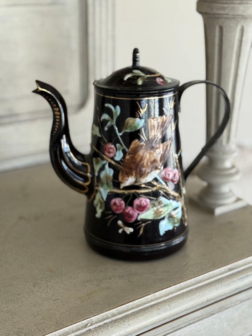 激レアフランスアンティークホーロー黒小鳥とベリー柄バンドペイントのコーヒーポット