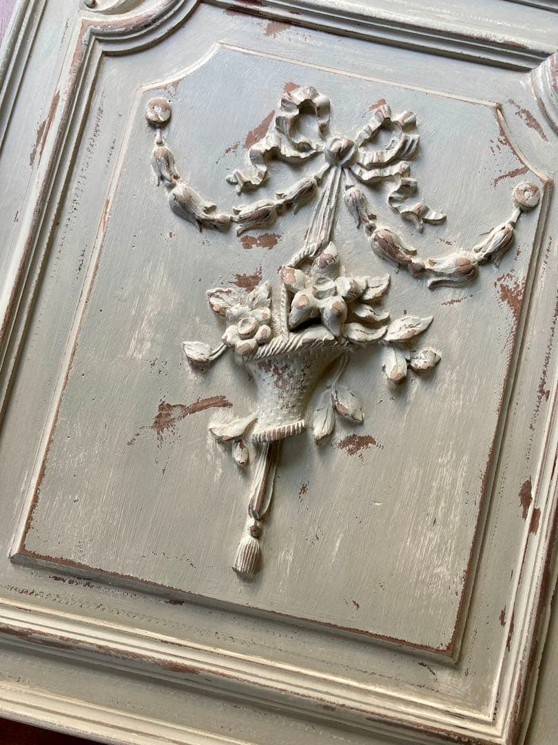 フランス アンティーク 花かご リボン 木製プレート家具装飾 フレンチグレー