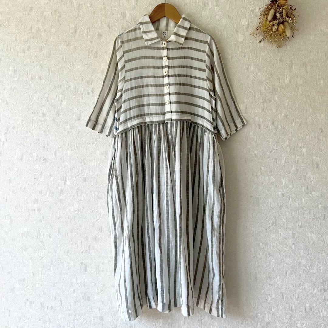 maku textiles マク ストライプ ウエスト切り替えシャツワンピース