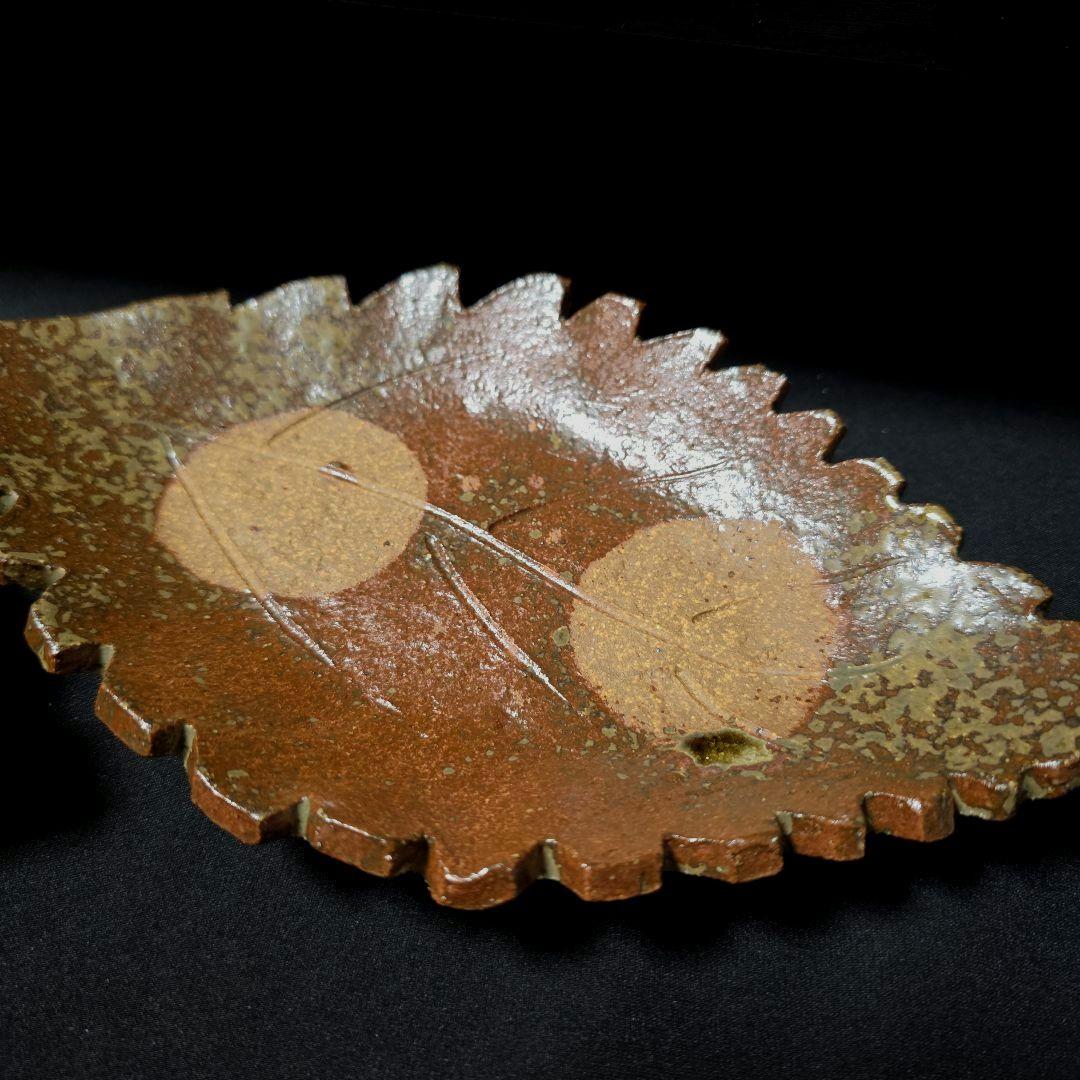 魯山人写し　中垣連次作　秀峰　焼〆牡丹木の葉皿　中皿　5枚　刺身皿　菓子皿