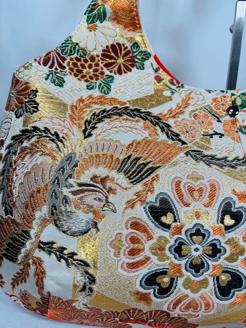 帯バッグリメイク　773番アシンメトリーBIGリバーシブル(肩あて飾り付き)