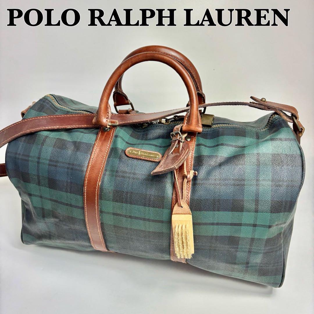 ポロラルフローレン チェック柄ボストンバッグ レザー切替　大容量