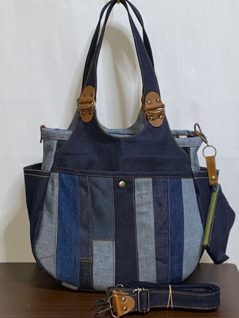 一点物☆パッチワーク☆岡山デニム4way♪あおりバッグ☆ポーチ付き