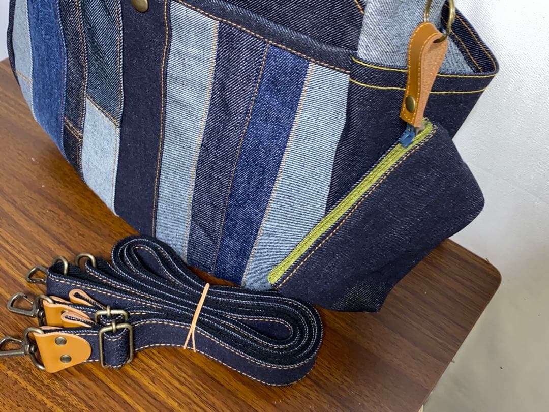 一点物☆パッチワーク☆岡山デニム4way♪あおりバッグ☆ポーチ付き