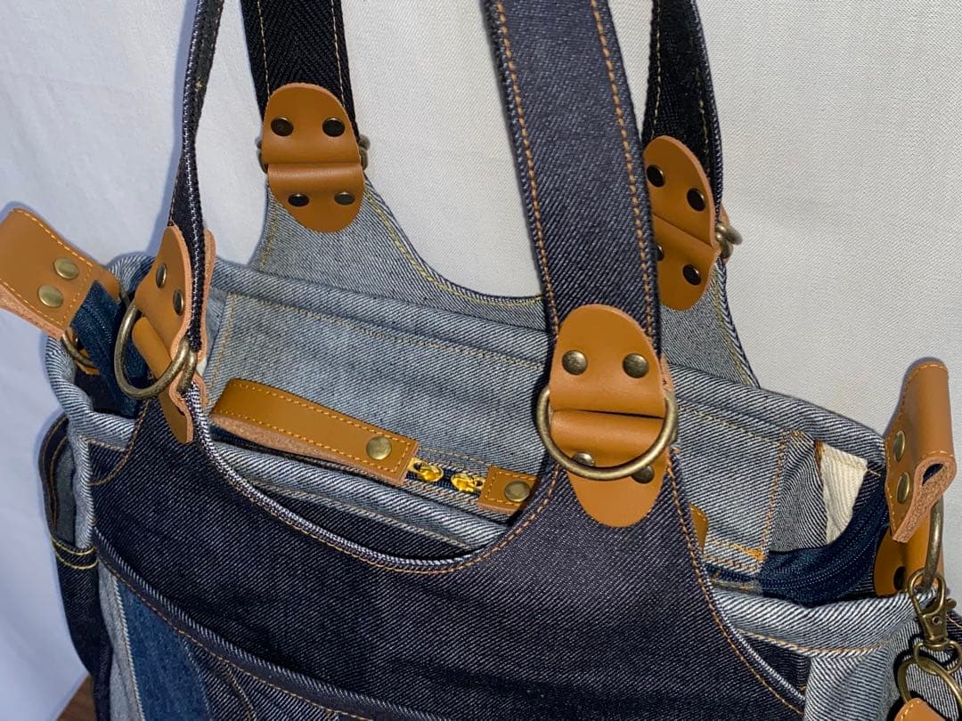 一点物☆パッチワーク☆岡山デニム4way♪あおりバッグ☆ポーチ付き