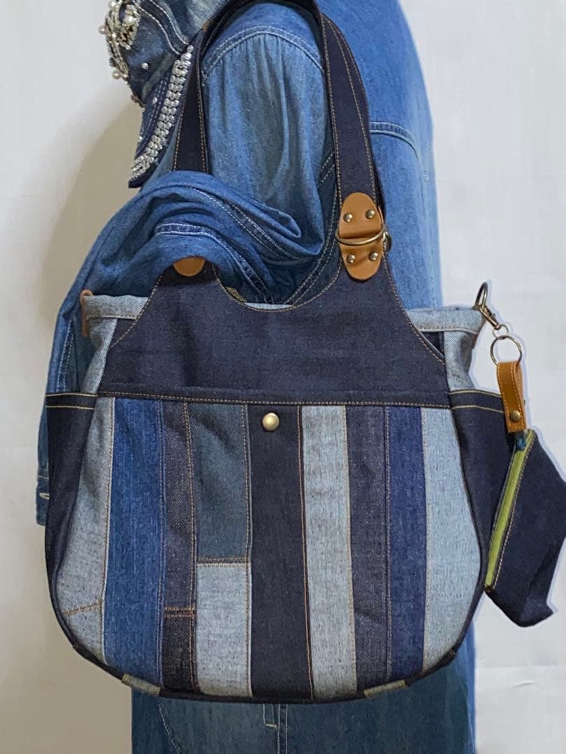 一点物☆パッチワーク☆岡山デニム4way♪あおりバッグ☆ポーチ付き
