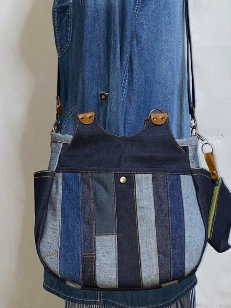 一点物☆パッチワーク☆岡山デニム4way♪あおりバッグ☆ポーチ付き