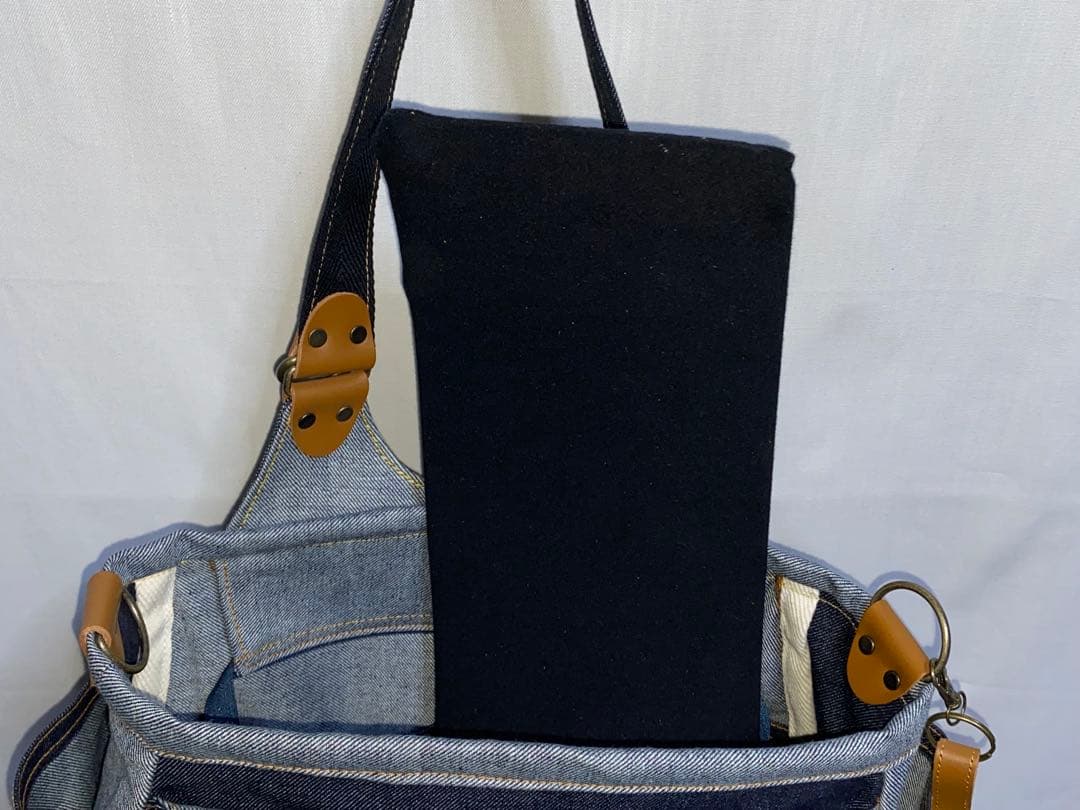 一点物☆パッチワーク☆岡山デニム4way♪あおりバッグ☆ポーチ付き