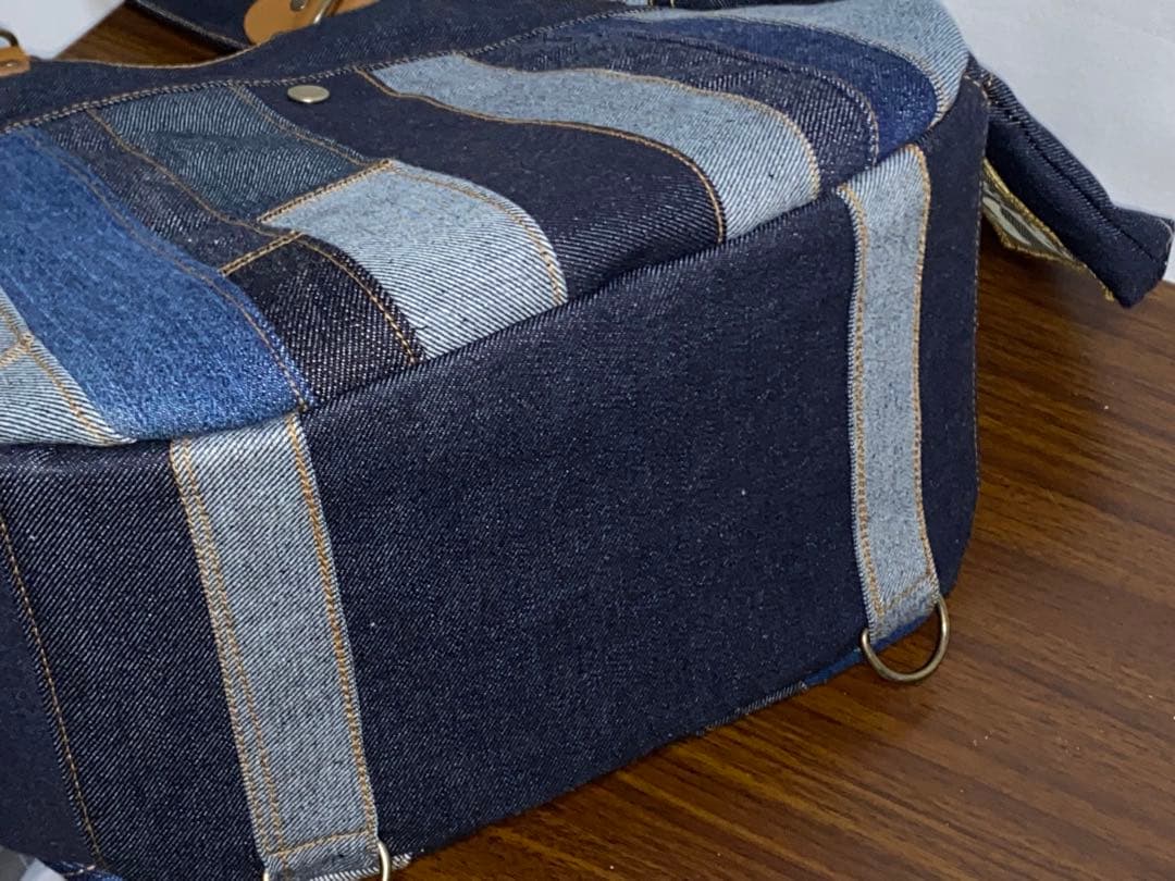 一点物☆パッチワーク☆岡山デニム4way♪あおりバッグ☆ポーチ付き