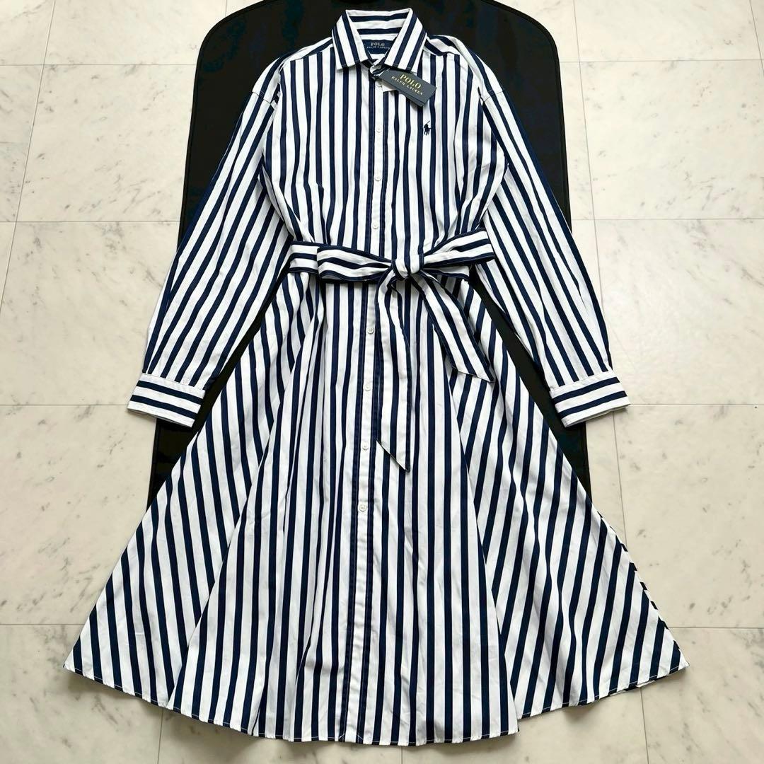 タグ付 POLO RALPH LAUREN ベルト付 ストライプシャツワンピース