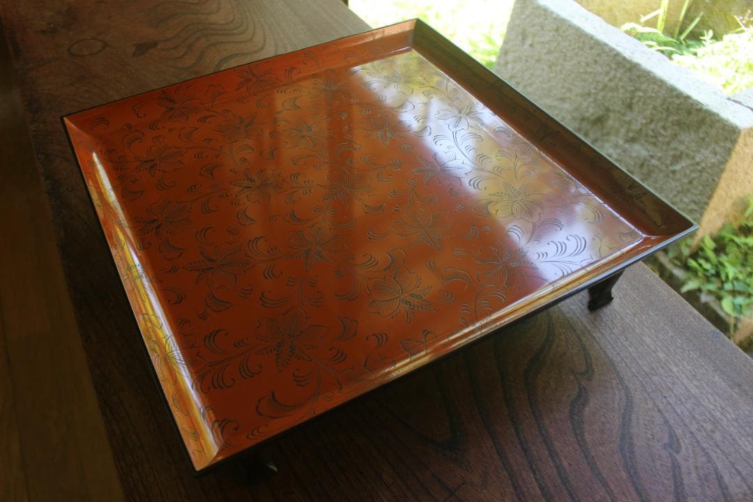 デッドストック！前大峰作！極上沈黒草文の映える脚付四方膳（検輪島塗お膳お盆茶道具