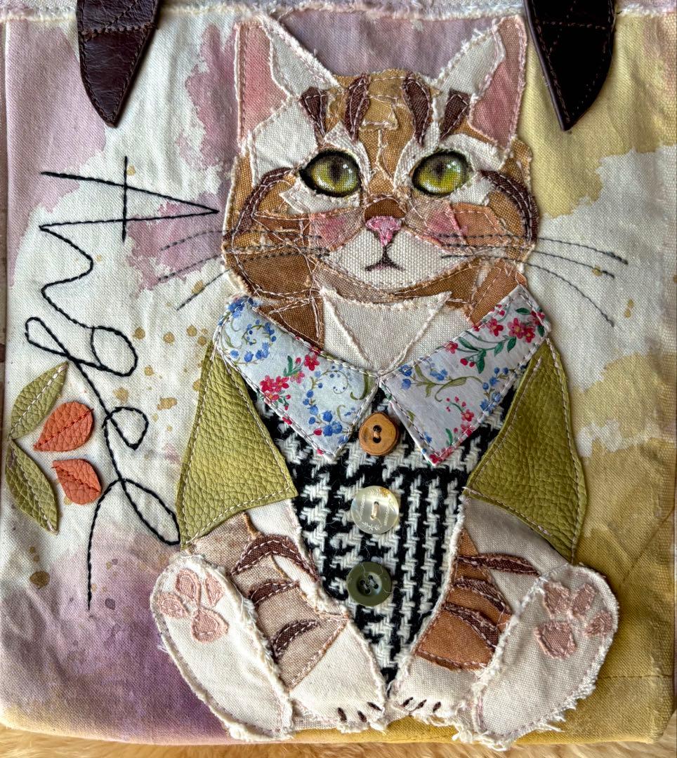 (手づくり)\"エンジェル茶トラ\"ねこのトートバッグ刺繍切り絵帆布ネコ