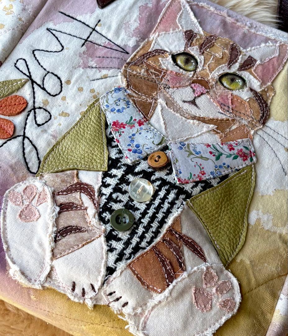 (手づくり)\"エンジェル茶トラ\"ねこのトートバッグ刺繍切り絵帆布ネコ
