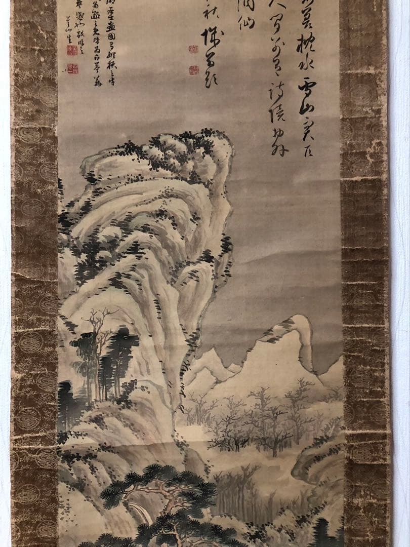 掛け軸２点／84、85［山水楼亭之図］＆［赤牡丹］肉筆　木箱無し！