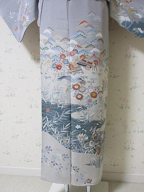 訪問着：美品-花と水流とオシドリと民家：高級品グレー：袷正絹：N88