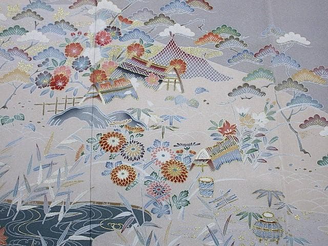 訪問着：美品-花と水流とオシドリと民家：高級品グレー：袷正絹：N88
