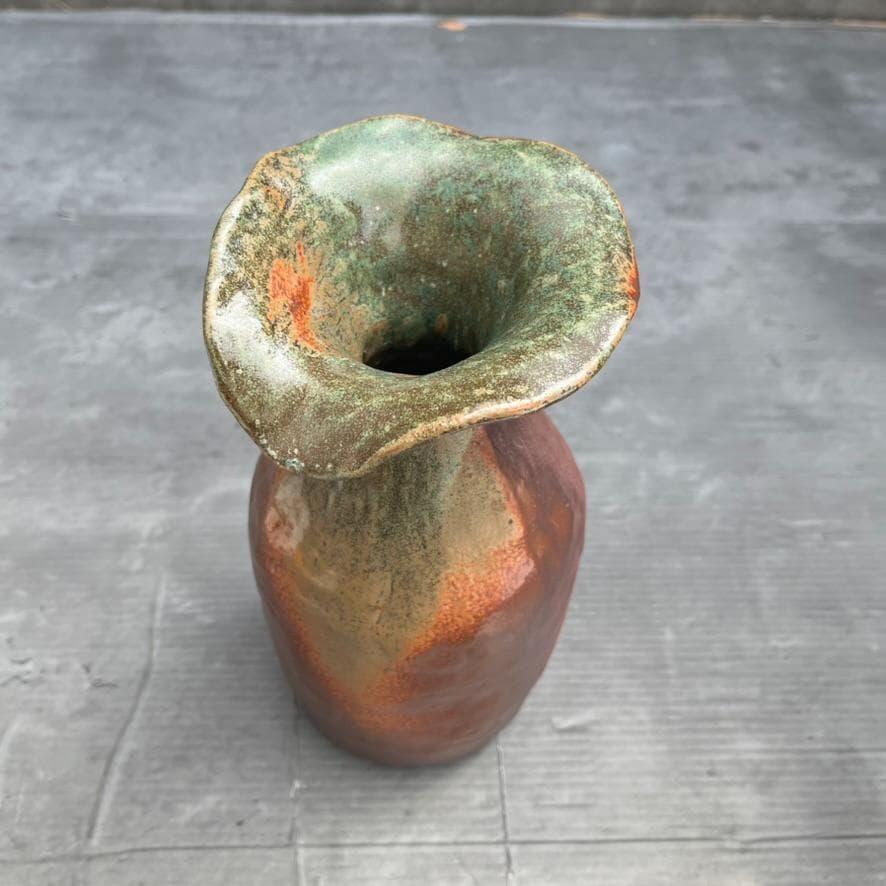 【備前焼】矢部篤郎 1点モノ 希少 花瓶 一輪挿しオレンジ 緑 陶芸品 陶器