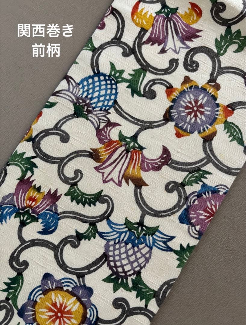 【期間限定出品】型染×縦縞絣 真綿紬 正絹 九寸名古屋帯 アイボリー