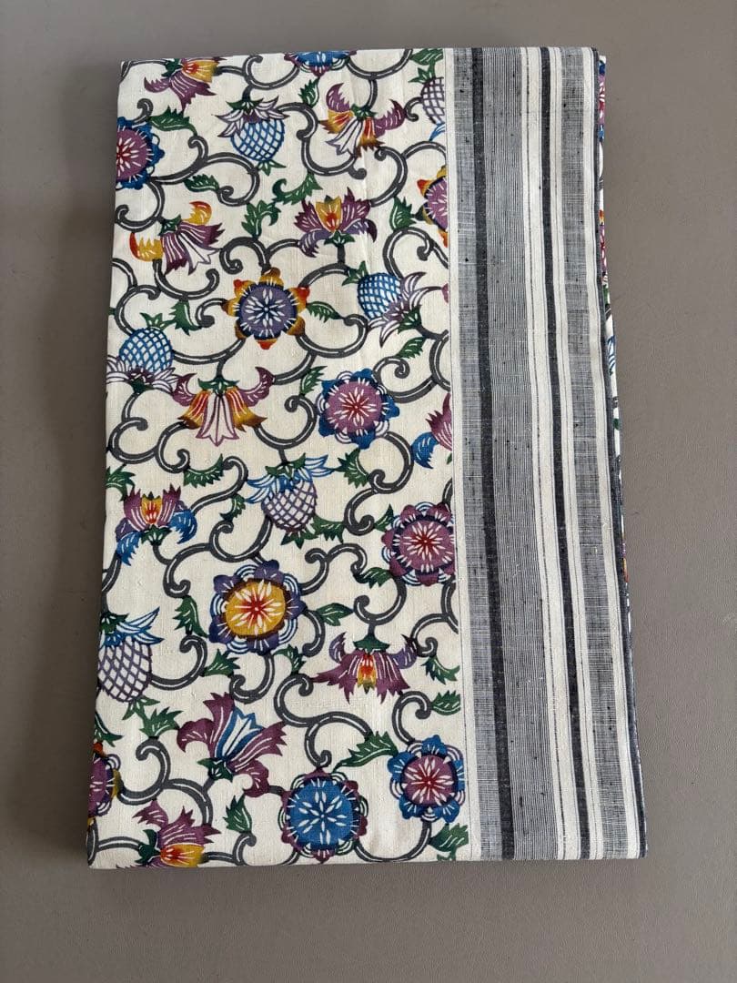 【期間限定出品】型染×縦縞絣 真綿紬 正絹 九寸名古屋帯 アイボリー