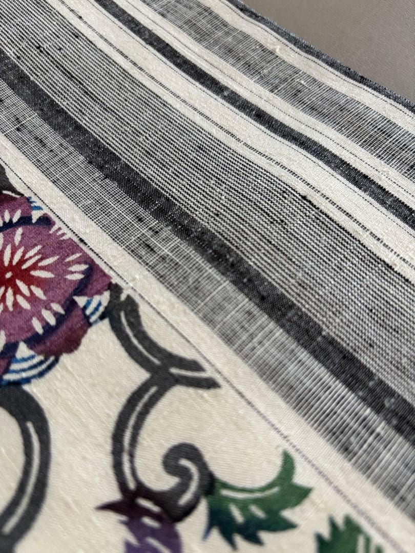 【期間限定出品】型染×縦縞絣 真綿紬 正絹 九寸名古屋帯 アイボリー