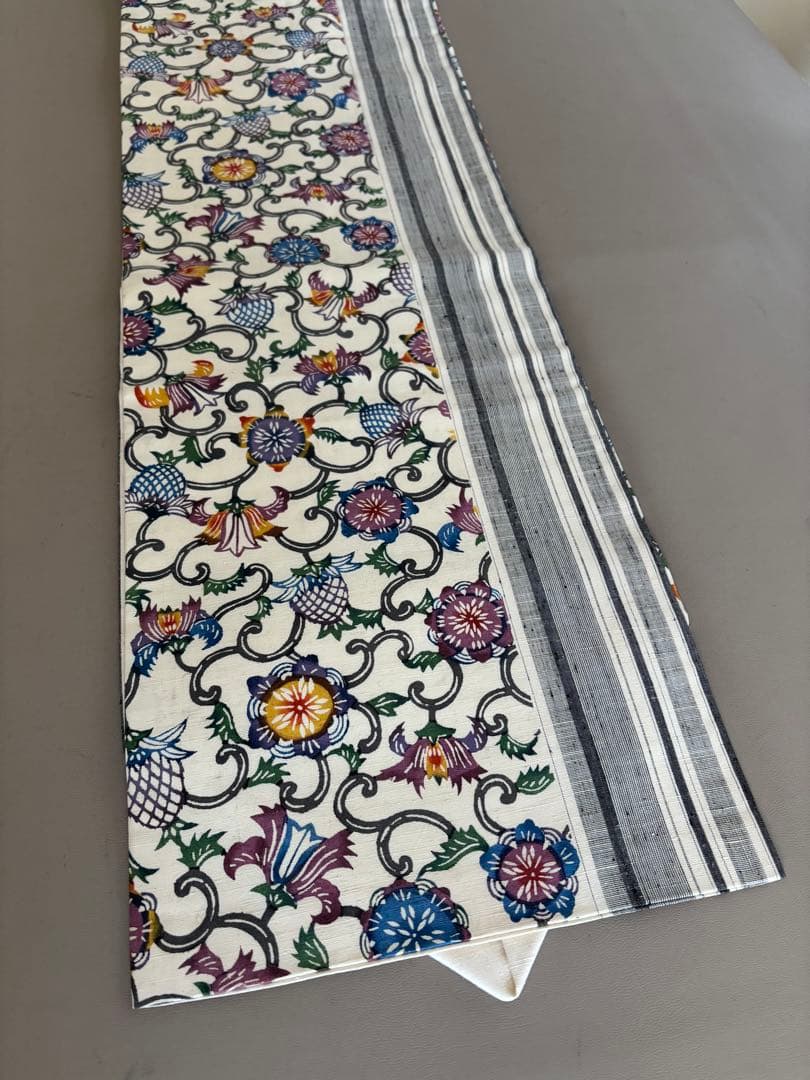 【期間限定出品】型染×縦縞絣 真綿紬 正絹 九寸名古屋帯 アイボリー