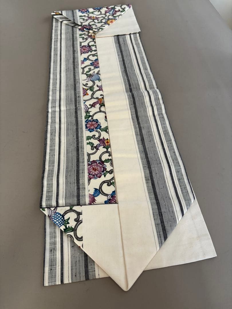 【期間限定出品】型染×縦縞絣 真綿紬 正絹 九寸名古屋帯 アイボリー