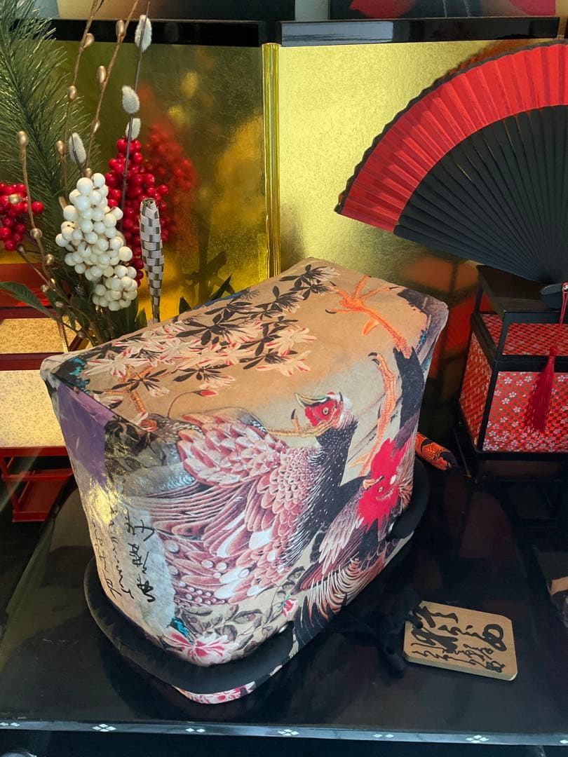 一閑張り　一閑張りバッグ　古文書　和紙　大正　着物　竹籠 伊藤若冲　紫陽花双鶏図