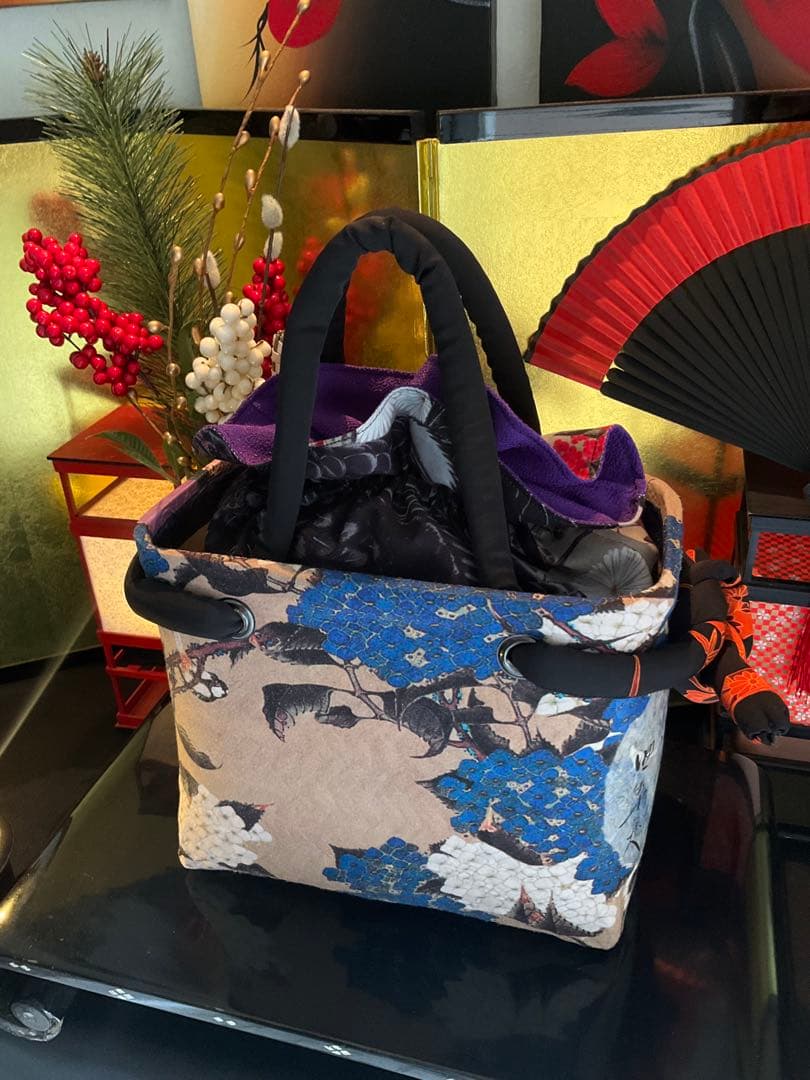 一閑張り　一閑張りバッグ　古文書　和紙　大正　着物　竹籠 伊藤若冲　紫陽花双鶏図