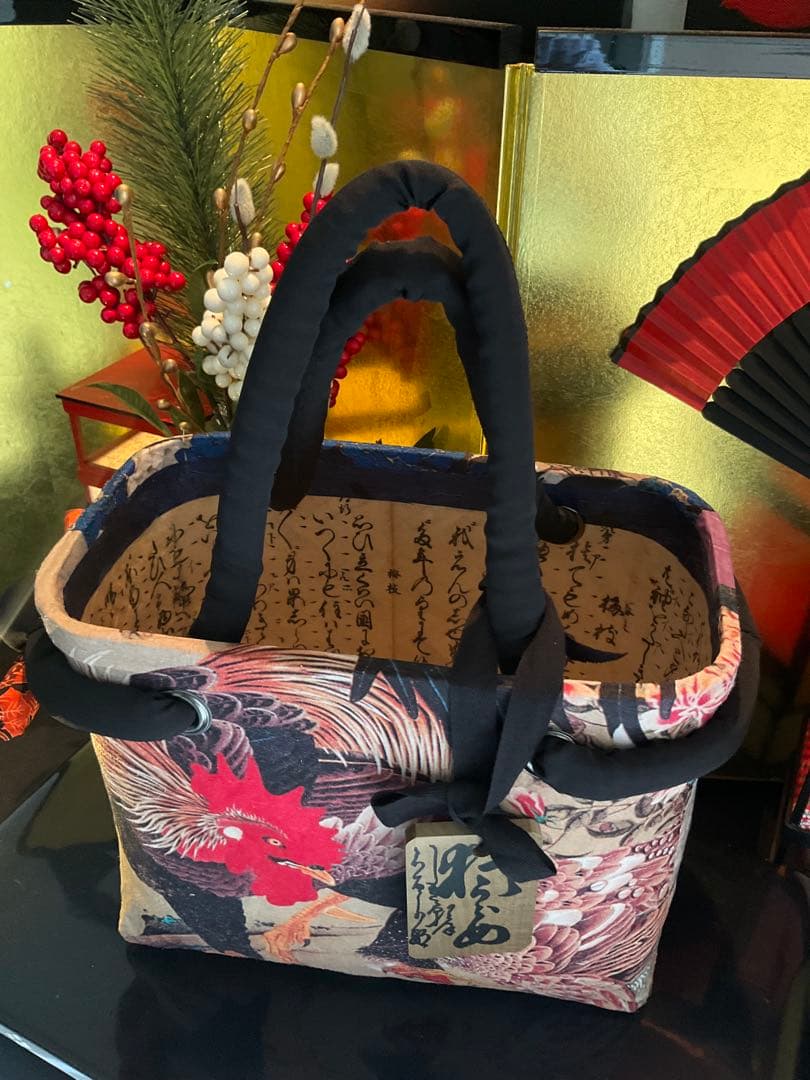 一閑張り　一閑張りバッグ　古文書　和紙　大正　着物　竹籠 伊藤若冲　紫陽花双鶏図