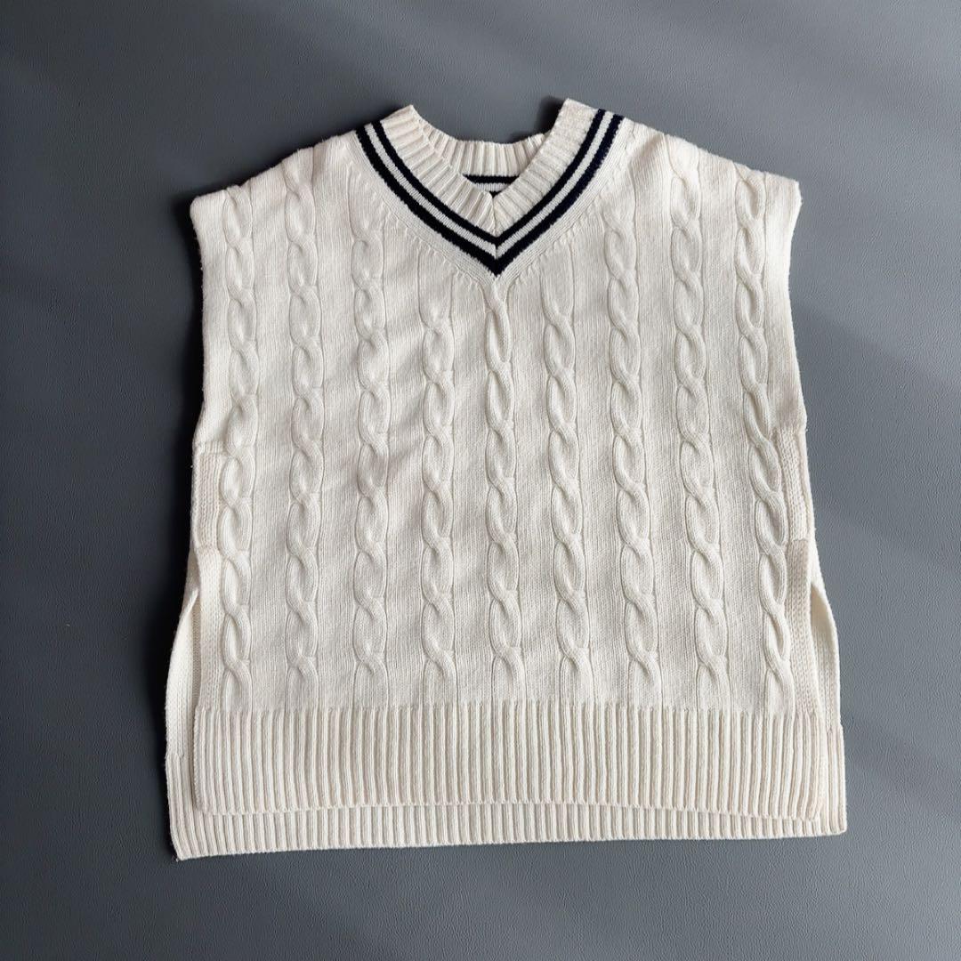 TOUJOURS　カシミヤ　ニットベスト　チルデン　ウール　ケーブル　Vネック