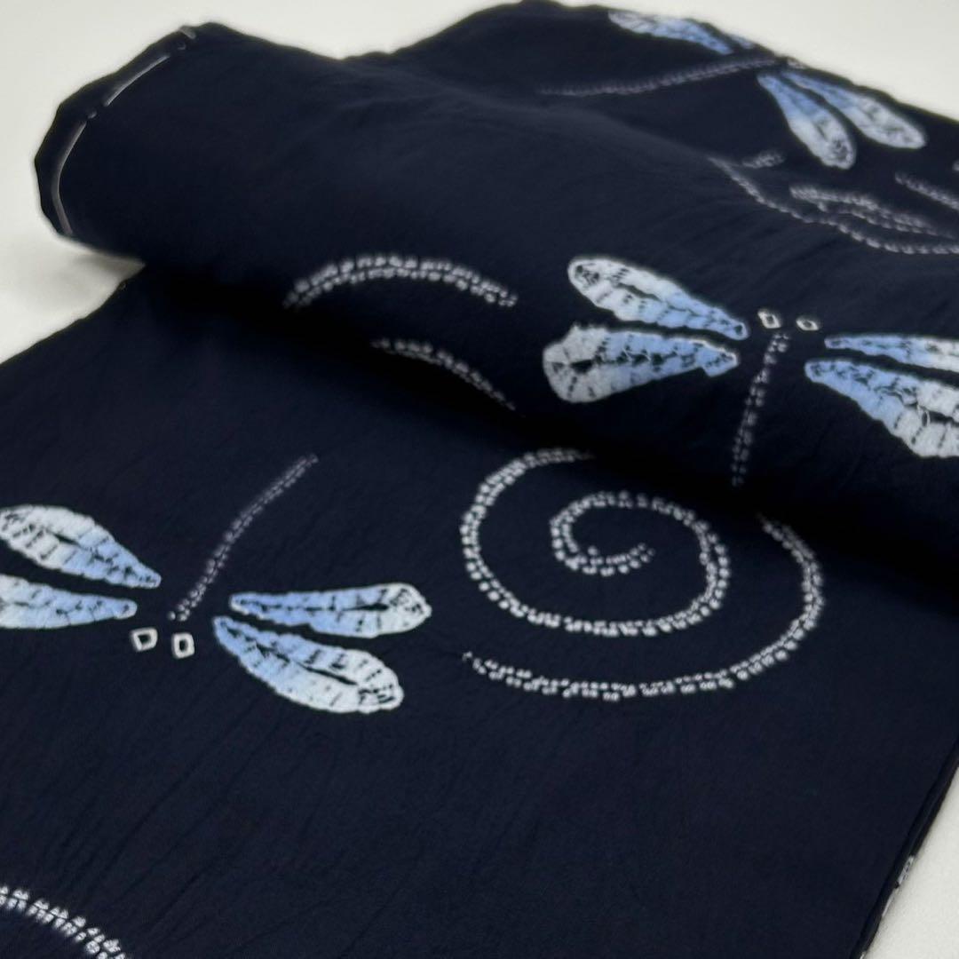 浴衣　絞り浴衣　本場　有松絞り　藍紺　トンボ　渦　献上柄半幅帯　新品0724⑫