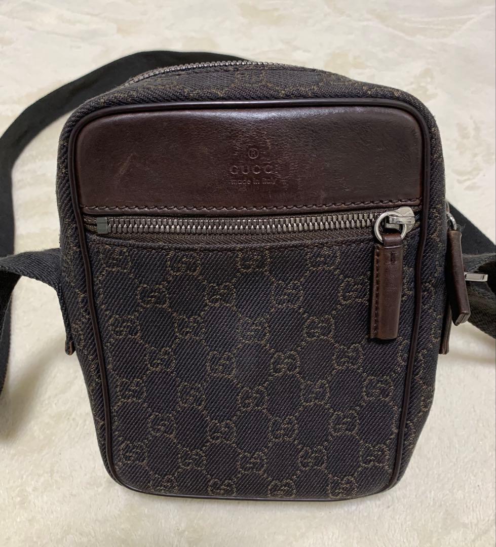美品★グッチ ショルダーバッグ GGキャンバス×レザー ダークブラウン