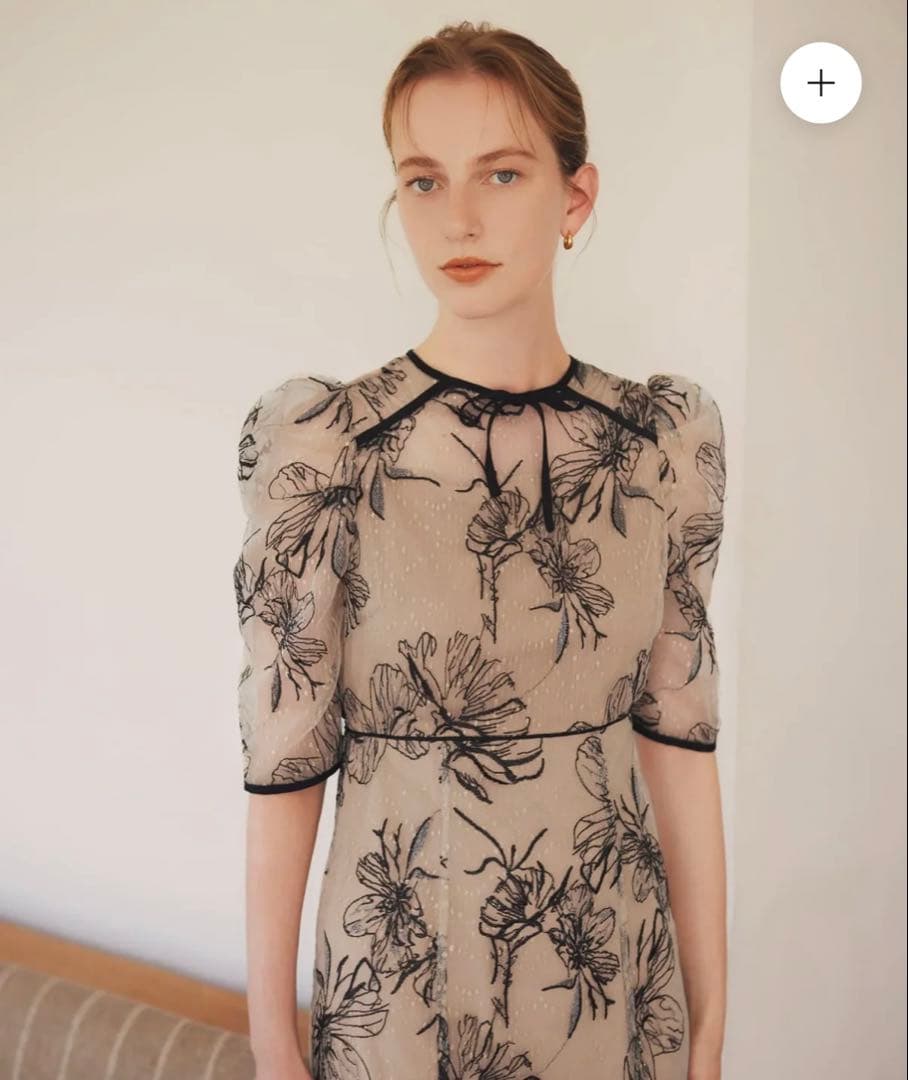 Leja 花柄リボンパフスリーブマーメイドワンピースドレス