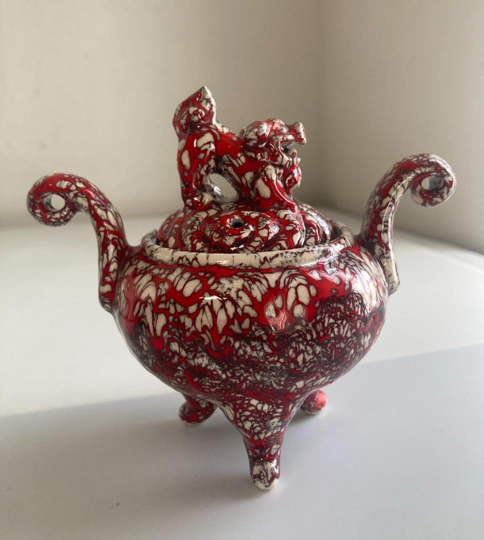 陶芸　箕面焼　二代松田箕山　獅子付き　耳付き　三ツ足香炉　香道具　茶道具