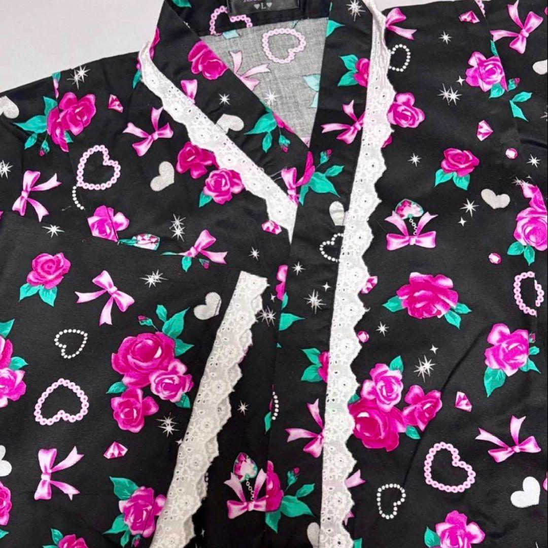 【150】帯付き 浴衣 ドレス 黒 ピンク 地雷 姫ギャル 平成 量産 160