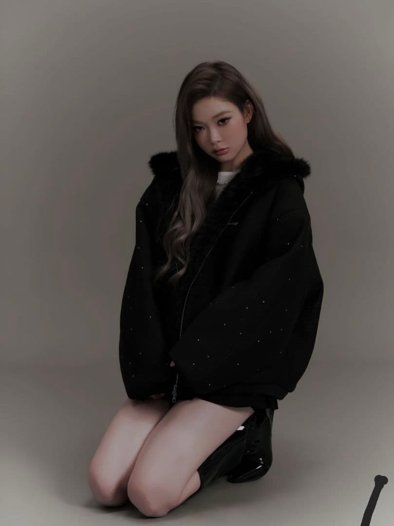 トップス andwang Kirakira 2way fur zip up black