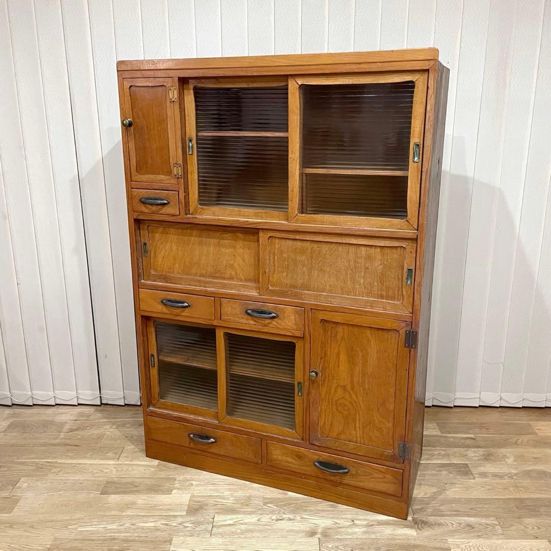 昭和 レトロ　戸棚　モールガラス　食器棚　本棚　アンティーク　当時物　水屋