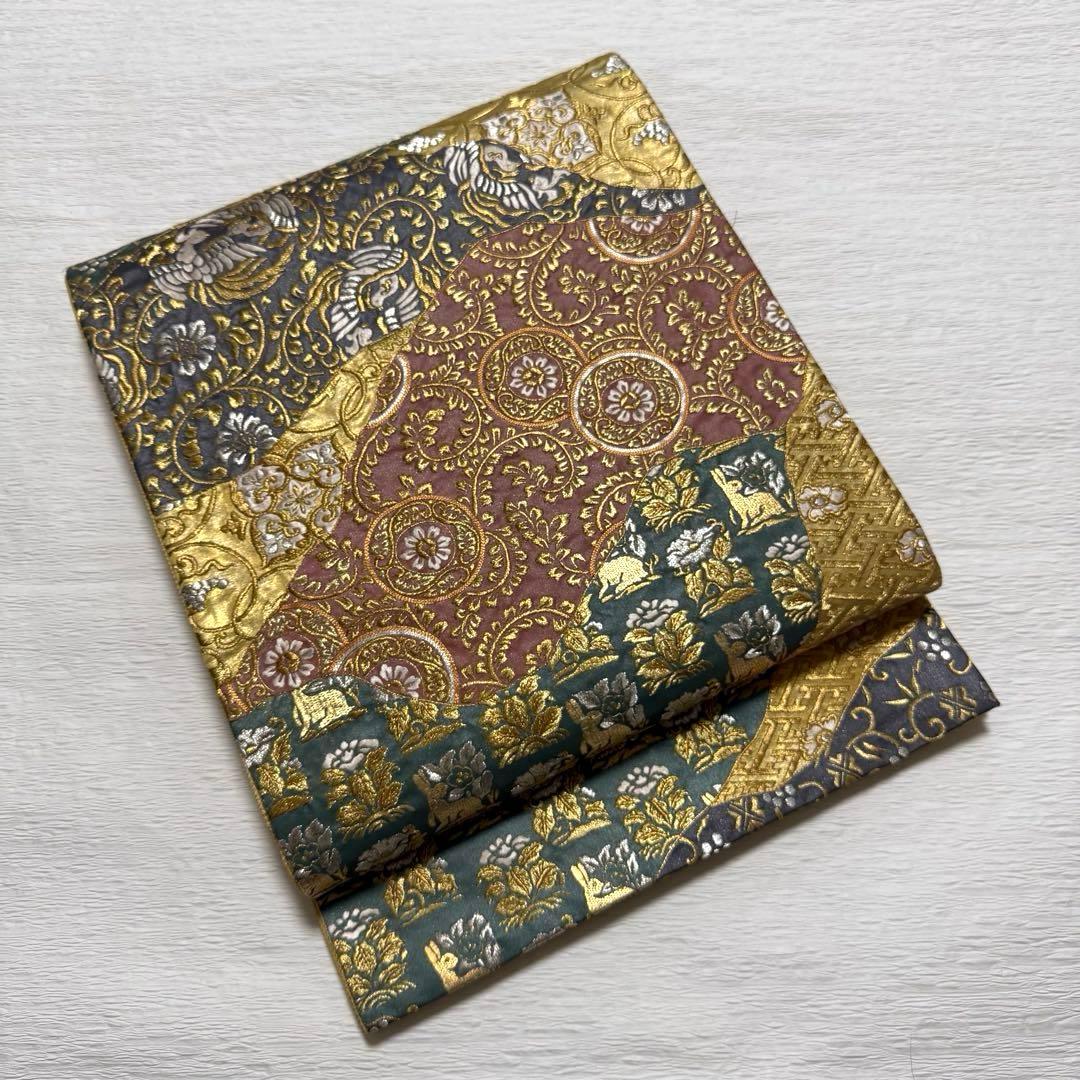 m-92 総刺繍　金駒刺繍　蘇州刺繍 鳥 花兎 金糸 袋帯 正絹