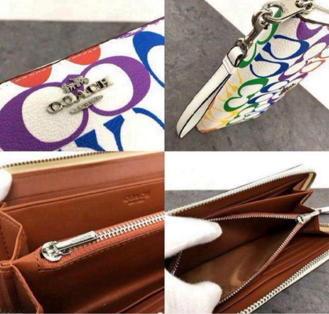 COACH長財布レインボーマルチカラーシグネチャーホワイト.白ストラップ付.新品