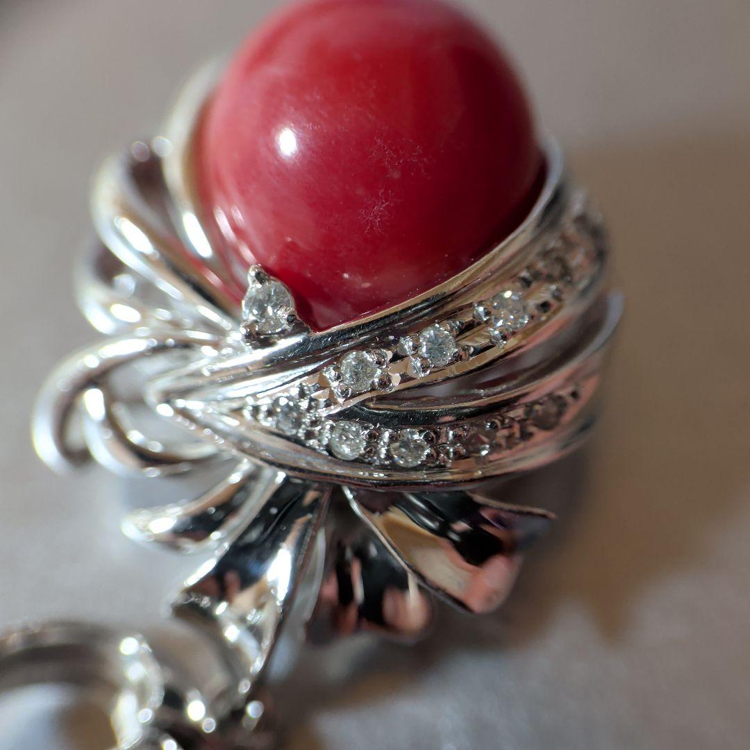 ペンダントトップ　Pt900　K14WG　珊瑚　ダイヤ計0.12　13.23g