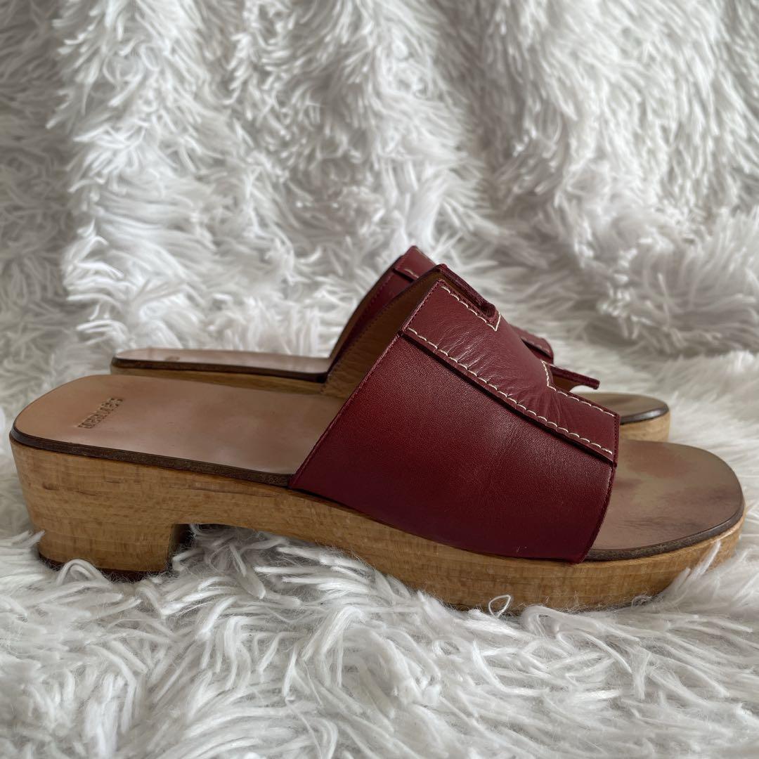 HERMES エルメス　ロゴ　レザー　ブラール ウッドサンダル 厚底